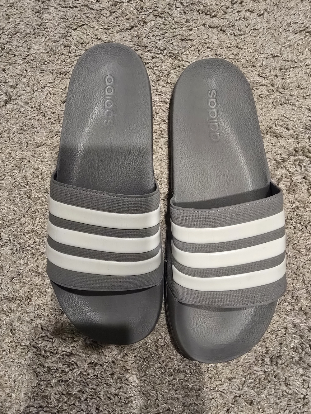 adidas Gray and White Slide Sandals with Three Stripes